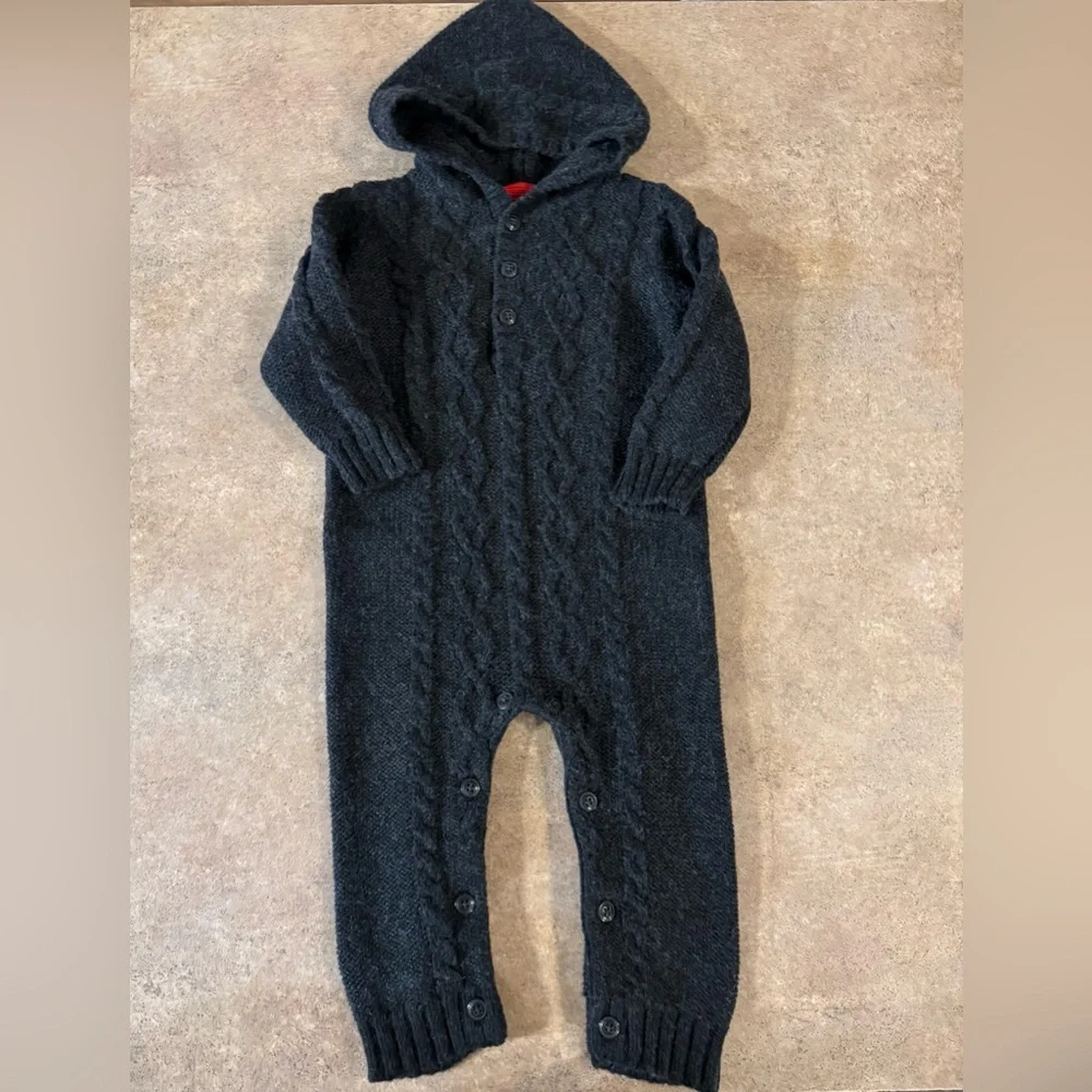 OshKosh B'Gosh Baby Cable Knit Charcoal Hooded Coverall, Size 12M